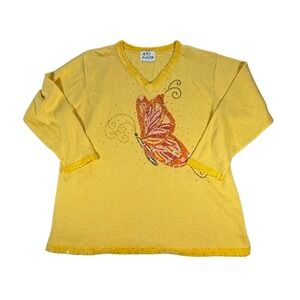 Vintage Quacker Factory‎ Yellow Butterfly Embellished V-Neck Sweater Cottagecore